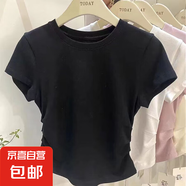 2025夏季新款設(shè)計(jì)感褶皺收腰小飛袖上衣圓領(lǐng)弧形下擺短袖t恤女ins K5-黑色 M 110斤以內(nèi)