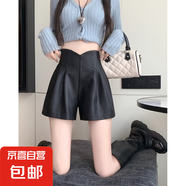 2025秋季新款高腰a字PU皮短褲女寬松休閑百搭闊腿外穿包臀皮短褲 黑色 4XL