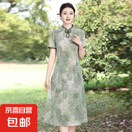 改良旗袍連衣裙女新款夏季復古大擺短袖中老年媽媽遮肚有口袋裙子 綠色 6XL 165-180斤