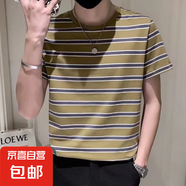 潮牌韓版條紋短袖t恤男2025夏季潮流休閑百搭修身半袖上衣體恤QP 0663服飾D59卡其色 L