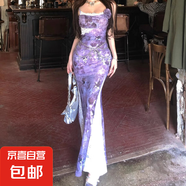純欲風(fēng)性感蕾絲拼接碎花吊帶連衣裙女夏季小個(gè)子辣妹收腰包臀長(zhǎng)裙 紫色 L