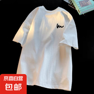 夏季新款五分袖ins港風(fēng)潮牌男女情侶裝寬松短袖百搭簡(jiǎn)約上衣服-SL 曲線白色 【單件裝】 L 【推薦90-110斤】