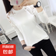 早秋蕾絲長(zhǎng)袖t恤女秋裝休閑顯瘦體恤修身加絨打底衫女士上衣8114 8116白色【薄款】 XL 參考115-125斤