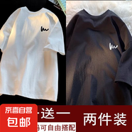 夏季新款五分袖ins港風潮牌男女情侶裝寬松短袖百搭簡約上衣服-SL 曲線黑色+曲線黑色 【2件裝】 XL 【推薦110-125斤】