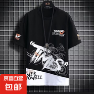 短袖t恤男2025年夏季新款休閑寬松圓領(lǐng)潮流時(shí)尚百搭學(xué)生短T上衣QP 96服飾摩托黑色 M
