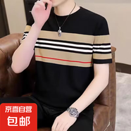 2025夏季潮牌短袖t恤男薄款休閑時尚半袖圓領(lǐng)條紋半袖潮流百搭QP 潮依煌B10黑色 XL