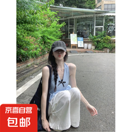 法式甜美風(fēng)蝴蝶結(jié)波點(diǎn)掛脖背心女夏季設(shè)計(jì)感花苞下擺修身顯瘦上衣 藍(lán)色（高質(zhì)量版本） XL