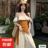 一字肩上衣女設(shè)計感小眾甜美氣質(zhì)荷葉邊撞色修身顯瘦短款吊帶背 桔色 均碼