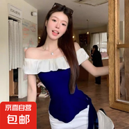 一字肩上衣女設(shè)計(jì)感小眾甜美氣質(zhì)荷葉邊撞色修身顯瘦短款吊帶背 蘭色 均碼