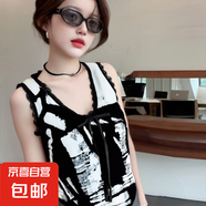 辣妹設(shè)計(jì)感小眾水墨畫V領(lǐng)無(wú)袖背心女2025秋季外穿內(nèi)搭 黑色 均碼