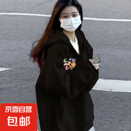 國潮大碼印花衛(wèi)衣女2025秋冬季寬松開衫外套小個子休閑百搭上衣女 黑色冬季加絨（雙層面料400克） S 建議80-95斤