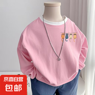 祥如芬純棉圓領(lǐng)男女童t恤插色100棉中大童長(cháng)袖吸汗打底衫兒童卡通 粉嫩色【4小貓插色】 薄款 90