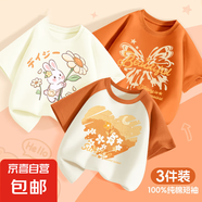 女童短袖t恤2025新款夏季純棉休閑洋氣女孩上衣夏裝兒童半袖女 秋兔橙白+扶花兔象牙白+流蝶焦橙 140 【推薦體重58~72斤】