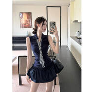 爾山集辣妹純欲短袖POLO領(lǐng)背心掐腰顯瘦百搭上衣女夏季高腰半身a字短裙 POLO領(lǐng)掐腰背心藏藍色 M （90-100斤）