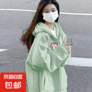 美式復(fù)古連帽開衫加絨外套女秋冬2025新款寬松百搭小個(gè)子休閑上衣 淺綠冬季加絨（雙層面料400克） L 建議110-125斤