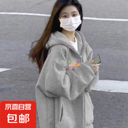 國潮大碼印花衛(wèi)衣女2025秋冬季寬松開衫外套小個子休閑百搭上衣女 淺灰冬季加絨（雙層面料400克） M 建議95-110斤
