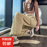 【100%棉】美式工裝褲女高腰寬松直筒褲秋季新款休閑顯瘦闊腿褲子 卡其 XL 【121-133斤】