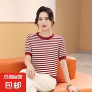 【海瀾之家制造商】條紋夏季圓領春季女時尚短袖春夏毛針織衫百搭 棗紅色 L 105-120斤