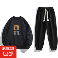 長(cháng)袖衛衣男套裝ins潮流青少年一套衛衣服寬松休閑體恤褲子兩件套 黑色 3XL