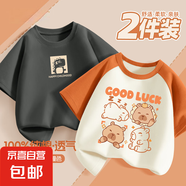 【純棉2件裝】男童短袖t恤夏季2025新款帥氣大童衣服上衣兒童夏裝 龍龍K_中石墨灰+四格巴拉橙白 140