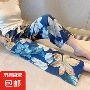 夏季新款棉綢女士薄款大碼人造綿綢可外穿家居碎花長褲子寬松睡褲 蘭色百合 XL 【建議120-160斤】