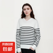 【海瀾之家制造商】女士條紋款美麗諾全羊毛針織羊毛衫 奶白 L 105-115斤