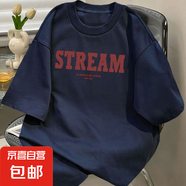 爆款100%純棉短袖t恤美式復古英文今年流行休閑情侶裝 T2817-DPJ 藏青【字母STREAM】 M (80-105斤)