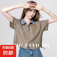 復(fù)古格子短袖襯衫女夏2025新款抽繩設(shè)計(jì)感雙拉鏈POLO領(lǐng)襯衣短上衣 咖色（高質(zhì)量版本） L