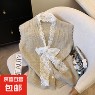 蕾絲拼接毛衣外套女寬松無(wú)袖背心外搭打底衫蝴蝶結(jié)針織上衣女 H24 卡其 XL