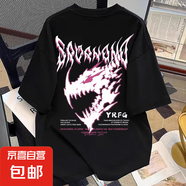 短袖t恤男2025新款潮流寬松學(xué)生上衣港風(fēng)半袖情侶裝夏裝衣服R 黑色 【火焰龍前后印】 M