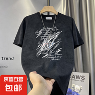 【扎染做舊】潮流短袖t恤男士歐貨潮牌夏季上衣服男裝體恤衫DHGJ 黑色 L