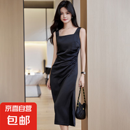 高端醋酸緞面吊帶連衣裙女夏季氣質(zhì)女神范長裙休閑西裝內(nèi)搭打底裙 黑色【單件 連衣裙】 S 【建議體重90斤以下】