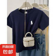 【100%純棉】正肩短袖t恤女裝新款夏季ins時尚百搭洋氣減齡上衣潮 藏藍色-左胸騎馬人物 2XL （建議115-135斤）