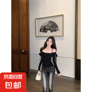 純欲風(fēng)一字肩長(zhǎng)袖t恤女2025春季新款純欲風(fēng)辣妹掛脖露短款T恤衫QP 楠楠女裝C7757黑色 XL