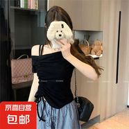 設(shè)計(jì)感斜領(lǐng)露肩抽繩上衣女夏季新款小眾別致收腰顯瘦T恤掐腰純欲 黑色 M