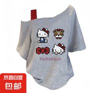斜肩KT貓短袖t恤女2025新款夏季寬松休閑學(xué)生網(wǎng)紅風(fēng)韓系露肩上衣 灰色-斜肩像素KT貓 L