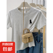 【100%純棉】正肩短袖t恤女裝新款夏季ins時尚百搭洋氣減齡上衣潮 白灰色-左胸騎馬人物 M （建議85-105斤）
