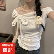 純欲風(fēng)一字肩露肩t恤女裝夏季小個子設(shè)計感小眾綁帶短款辣妹上衣 白色 XL