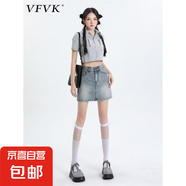 高腰磨白2025牛仔裙時尚百搭雙排扣綁帶設計顯瘦Aa字半身裙短裙潮 圖片色-旺匠 588 3XL