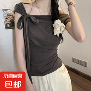 純欲風一字肩露肩t恤女裝夏季小個子設計感小眾綁帶短款辣妹上衣 深灰色 XL