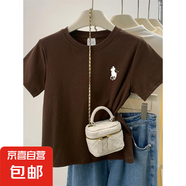 【100%純棉】正肩短袖t恤女裝新款夏季ins時尚百搭洋氣減齡上衣潮 棕色-左胸騎馬人物 2XL （建議115-135斤）