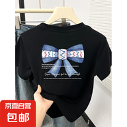 【100%純棉】正肩短袖t恤女裝2025新款ins時(shí)尚洋氣百搭減齡上衣XY 黑色-藍(lán)色蝴蝶結(jié)字母 M （建議85-105斤）
