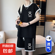 青少年男裝帥氣學生潮流短褲套裝2025夏季薄男生酷帥穿搭搭配一套 黑色套裝 2XL 【140-160斤】