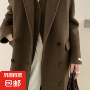 純色西裝領(lǐng)雙排扣長(cháng)袖加長(cháng)款雙面羊毛大衣通勤風(fēng)毛呢外套女秋冬 茶綠 M