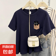 【100%純棉】正肩短袖t恤女裝新款夏季ins時尚百搭洋氣減齡上衣潮 藏藍色-左胸口袋黑貓 2XL （建議115-135斤）