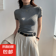 【都市麗人制造商】灰色半高領(lǐng)短袖t恤女修身內搭鏤空半袖上衣 深灰色【常規款】 L  【102-114斤】