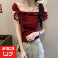 純欲風一字肩露肩t恤女裝夏季小個子設計感小眾綁帶短款辣妹上衣 紅色 M