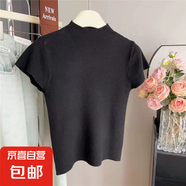超好看花粉色半高領(lǐng)針織衫正肩短袖女春夏薄款修身小飛袖t恤上衣 黑色 L