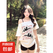 斜肩短袖t恤女2025新款夏季白色卡通小眾設(shè)計(jì)感修身露肩短款上衣 白色-斜肩雙掌印花 M