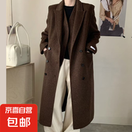 純色西裝領(lǐng)雙排扣長(cháng)袖加長(cháng)款雙面羊毛大衣通勤風(fēng)毛呢外套女秋冬 可可摩卡 M